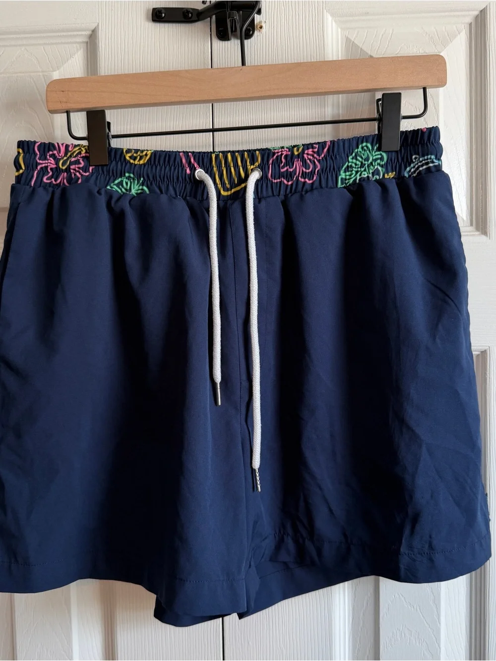 Simply Southern Navy Swim Trunks with Multicolor Neon Waistband